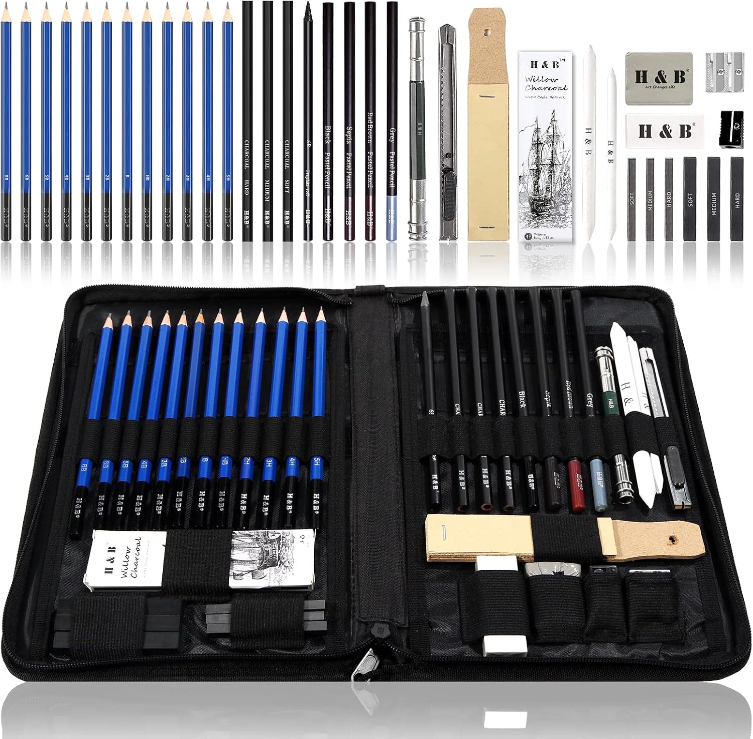 Complete Sketch Pencil Drawing Kit — 40 Pieces with Pastels