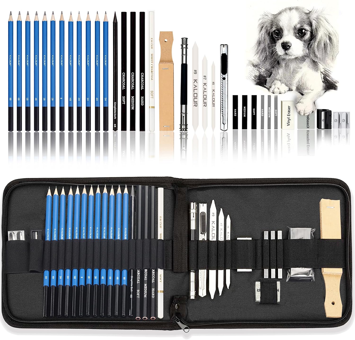 Drawing Kit with Zip Case — 33 Pieces, Charcoal and Sketch Pencils