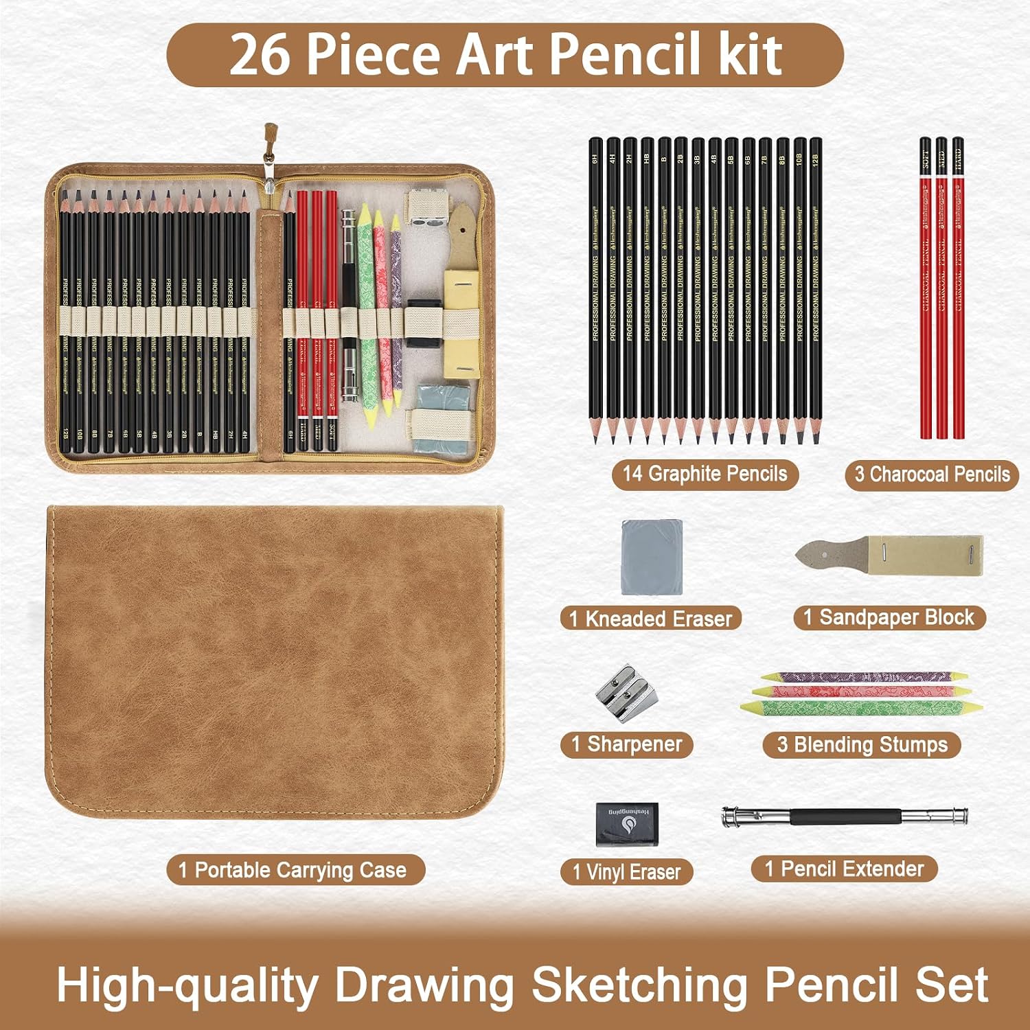 Sketching and Drawing Pencil Kit — 26 Pieces with Charcoal